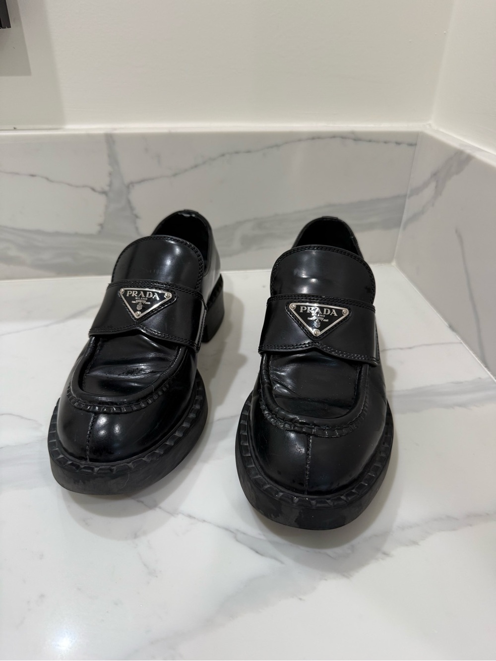 Prada Black Leather Logo Strap Loafers